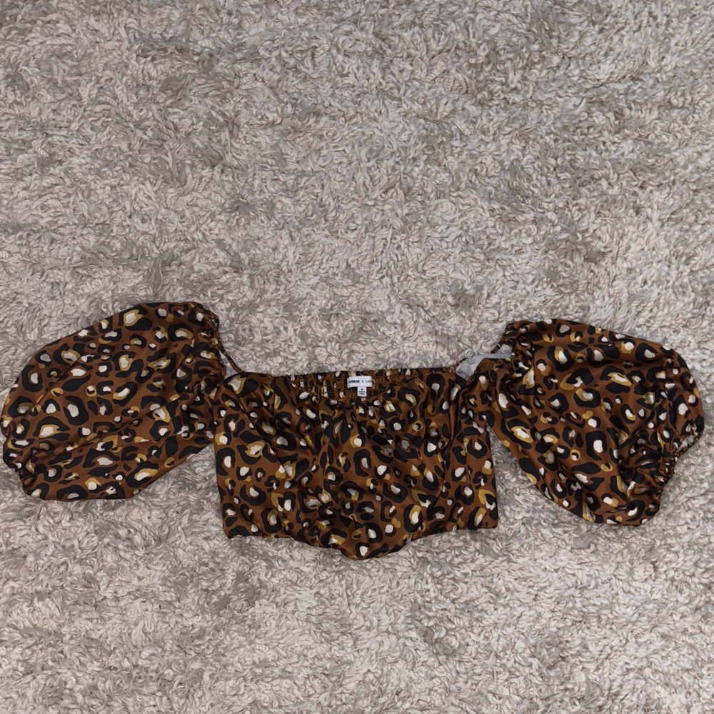Express Brown Leopard Print Puff Sleeve Blouse